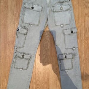 Jewel House Distressed Multi-Pocket Cargo Pants Light Grey Size 32x34